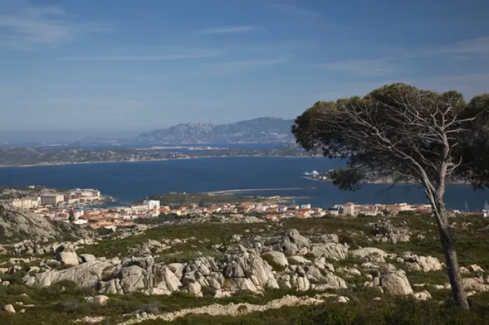 Framed Print : ITALY, Sardinia, La Maddalena. Aerial town view from the hills Framed Print : ITALY, Sardinia, La Maddalena. Aerial town view from the hills