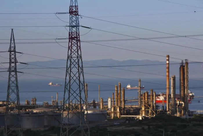 Framed Print : ITALY, Sardinia, Sarroch. Porto Foxi oil refinery, sunset