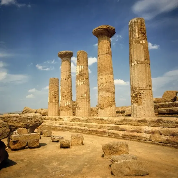 Framed Print : Italy, Sicily, Agrigento. The ruins of the Temple of Hercules rise mightily against Framed Print : Italy, Sicily, Agrigento. The ruins of the Temple of Hercules rise mightily against