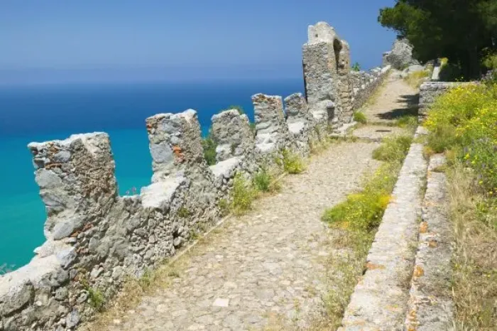 Framed Print : Italy, Sicily, Cefalu, Cliffside Walkway, La Rocca Mountain