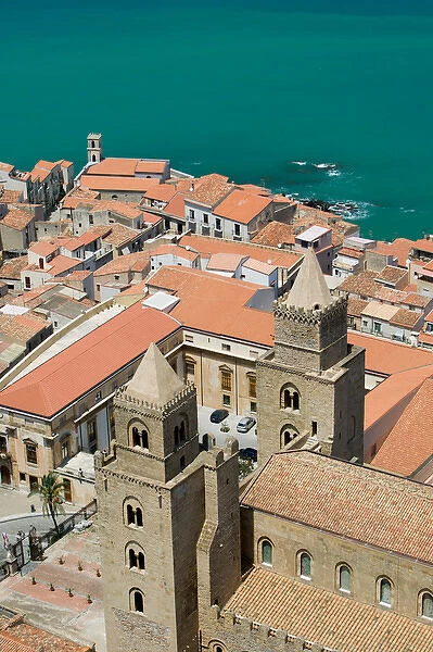 Italy, Sicily, Cefalu, Town with 13th century Duomo from La Rocca Mountain
