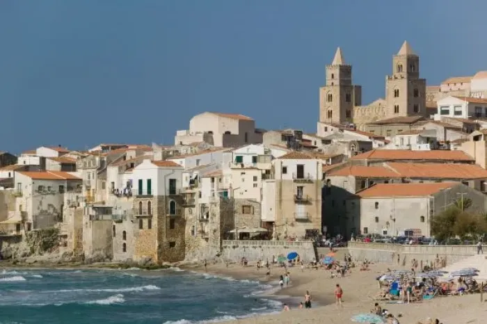 Framed Print : Italy, Sicily, Cefalu, Town View with Duomo from Beach Framed Print : Italy, Sicily, Cefalu, Town View with Duomo from Beach
