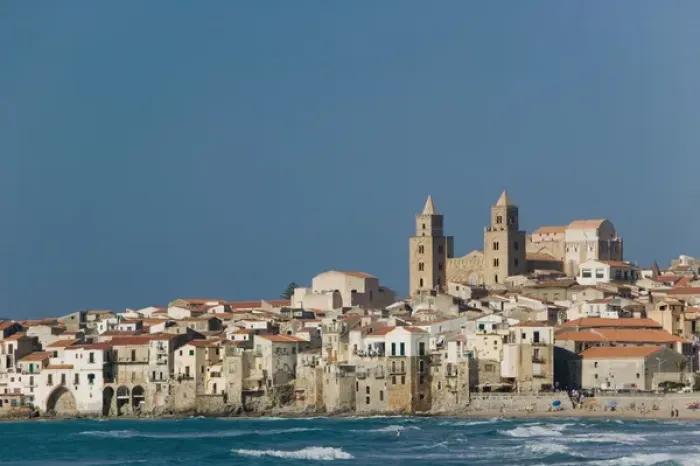 Framed Print : Italy, Sicily, Cefalu, View with duomo from beach Framed Print : Italy, Sicily, Cefalu, View with duomo from beach