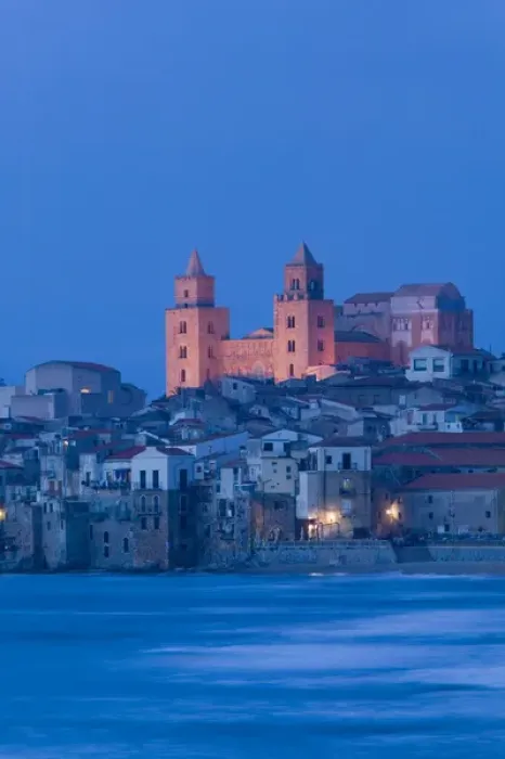 Framed Print : Italy, Sicily, Cefalu, View with Duomo from Beach