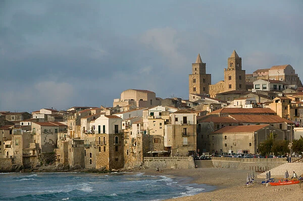 Italy, Sicily, Cefalu, View with Duomo from Beach