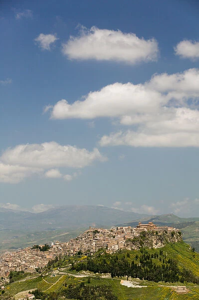 Italy, Sicily, Enna Area, Calascibetta, View of Hilltop Town