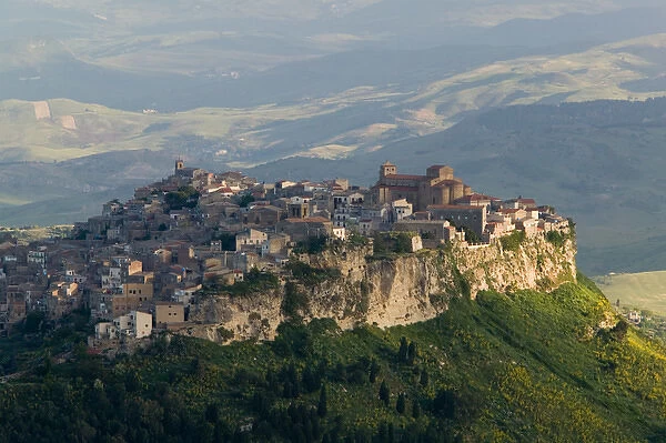 Italy, Sicily, Enna, Calascibetta, Morning View of Hill Town