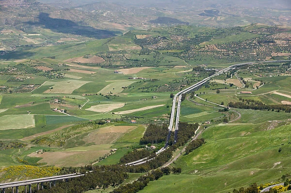 Italy, Sicily, Enna, Valley View with Autostrada A 19