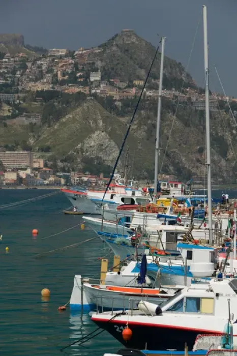Framed Print : ITALY-Sicily-GIARDINI-NAXOS: Port view towards TAORMINA
