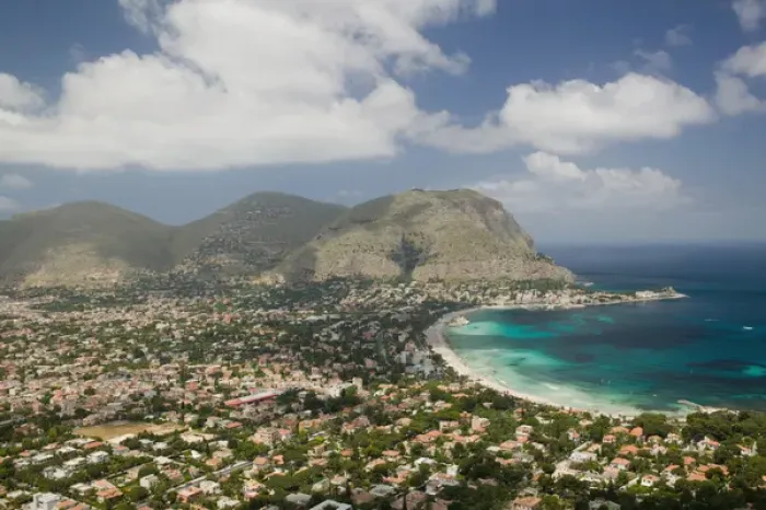 Framed Print : Italy, Sicily, Mondello, View of the beach from Monte Pellegrino Framed Print : Italy, Sicily, Mondello, View of the beach from Monte Pellegrino