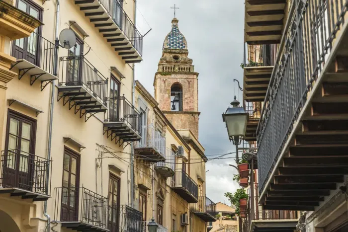 Framed Print : Italy, Sicily, Palermo Province, Castelbuono. The bell tower of Chiesa Sconsacrata Del