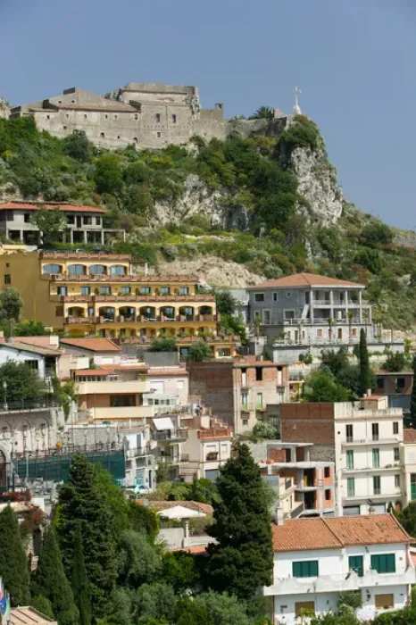 Framed Print : ITALY-Sicily-TAORMINA: Hillside town view near the medieval Castello Framed Print : ITALY-Sicily-TAORMINA: Hillside town view near the medieval Castello