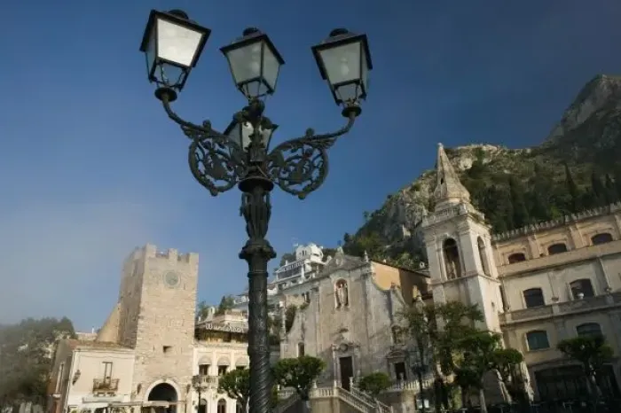 Framed Print : ITALY, Sicily, TAORMINA: Piazza iX Aprile, San Augustino Church & Fog