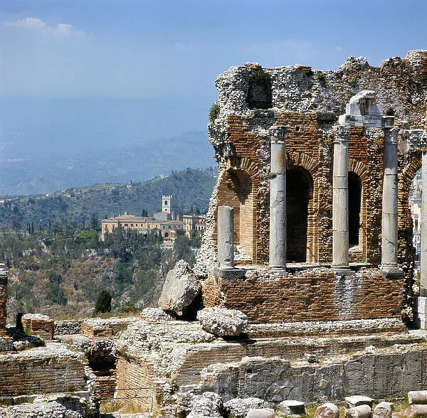 Italy, Sicily, Taormina. Smoke from erupting Mt. Etna is visible from the Greek Theater in Taormina