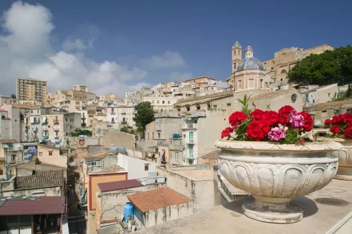 Framed Print : Italy, Sicily, Termini Imerese, Town View from Flowered Balcony Framed Print : Italy, Sicily, Termini Imerese, Town View from Flowered Balcony