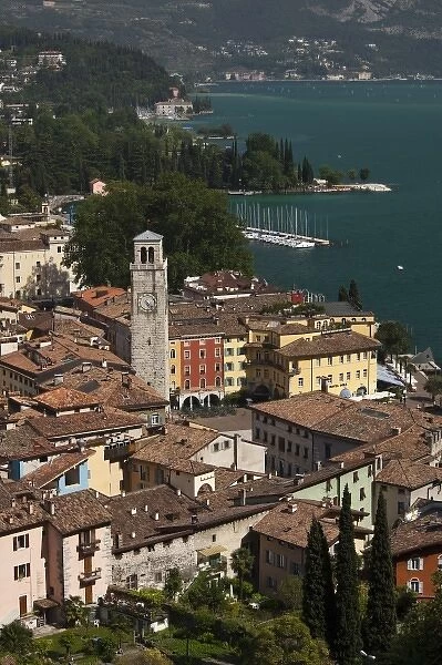 Italy, Trento Province, Riva del Garda. Aerial town view with the Torre Apponale