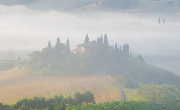 Framed Print : Italy, Tuscany. Belvedere house in morning fog