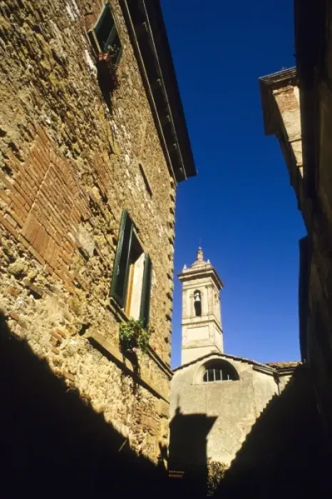 Framed Print : Italy: Tuscany, Castelmuzio, brick homes, windows with green shutters, with church Framed Print : Italy: Tuscany, Castelmuzio, brick homes, windows with green shutters, with church