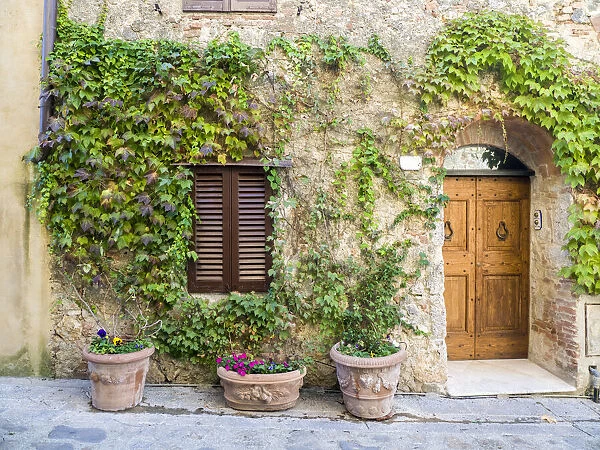 Italy, Tuscany. Entrance to a home in Tuscany decorated with potted plants