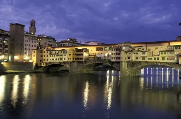 Framed Print : Italy, Tuscany, Florence. Evening view of Ponte Vecchio from Arno River Framed Print : Italy, Tuscany, Florence. Evening view of Ponte Vecchio from Arno River