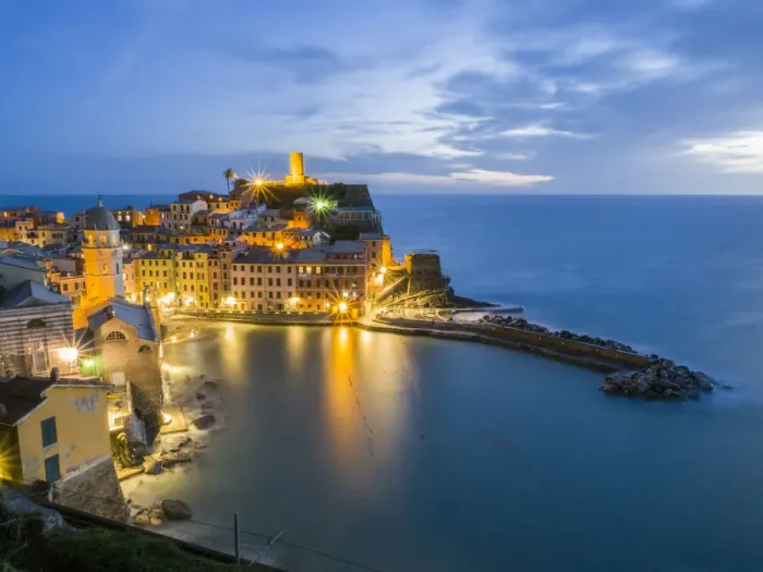 Framed Print : Italy, Tuscany. Hillside town of Vernazza in the evening, Cinque Terre, Liguria region