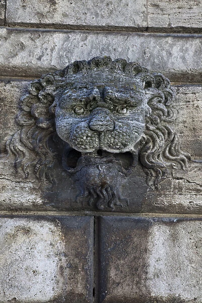 Italy, Tuscany, Montepulciano. Carving of a lions head on a stone building