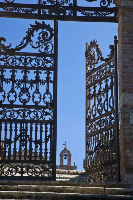 Framed Print : Italy, Tuscany, Montepulciano. The wrought iron gate leading to the cemetery near the Church of San Biaggio