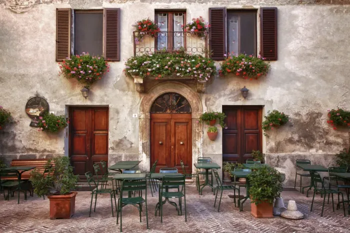 Framed Print : Italy, Tuscany, Pienza. Tables and chairs set up outside for outdoor dining in the town of Pienza Framed Print : Italy, Tuscany, Pienza. Tables and chairs set up outside for outdoor dining in the town of Pienza