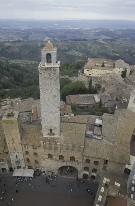 Framed Print : Italy, Tuscany, San Gimignano 13th C. towers and plaza in hill town viewed