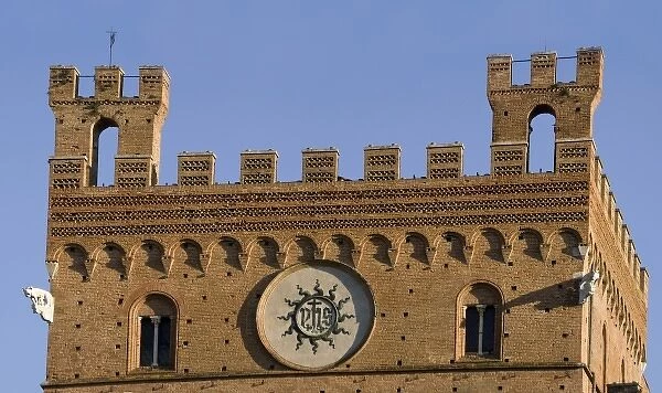 Italy, Tuscany, Sienna. Close-up of section of Torre del Mangia