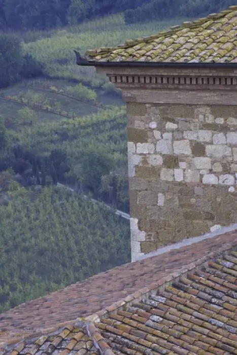 Framed Print : Italy, Tuscany Tile roof and farmhouse and fields Framed Print : Italy, Tuscany Tile roof and farmhouse and fields
