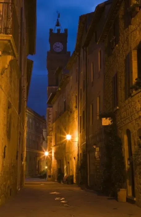 Framed Print : Italy, Tuscany. Twilight settles over the village of Pienza Framed Print : Italy, Tuscany. Twilight settles over the village of Pienza