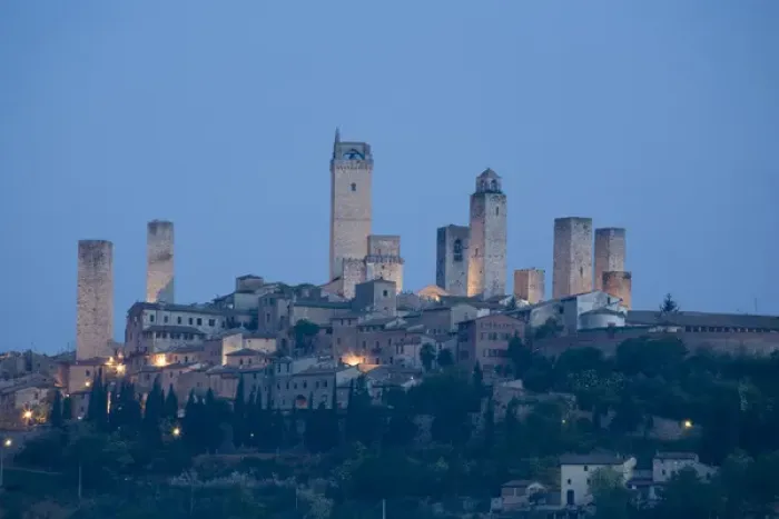 Framed Print : Italy, Tuscany. Twilight skyline of San Gimignano