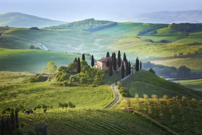 Framed Print : Italy, Tuscany, Val d Orcia. Landscape with Podere Belvedere house. Credit as Framed Print : Italy, Tuscany, Val d Orcia. Landscape with Podere Belvedere house. Credit as