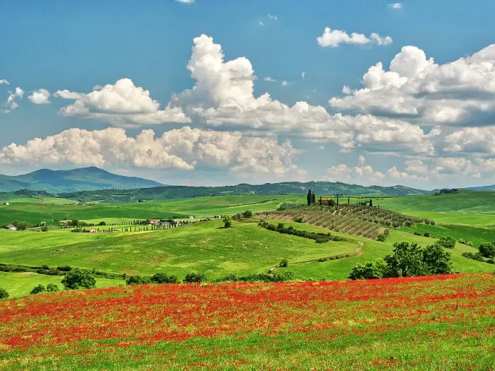 Framed Print : Italy, Tuscany. View of Tuscan Valley and villa with Spring poppies