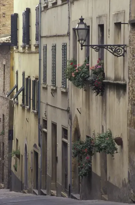 Framed Print : Italy, Tuscany, Volterra Geraniums and old houses on narrow street Framed Print : Italy, Tuscany, Volterra Geraniums and old houses on narrow street