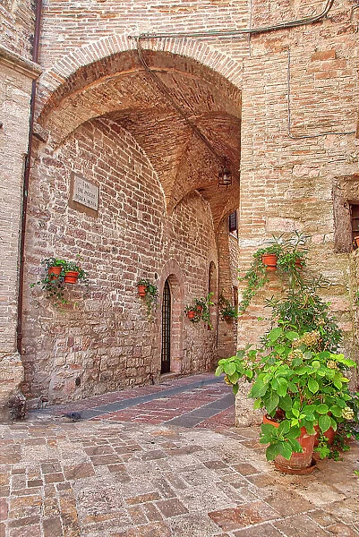 Italy, Umbria. Archway with potted flowers in the streets of Assisi
