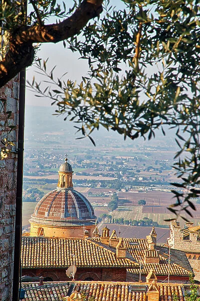 Italy, Umbria, Assisi. The dome of the Convento Chiesa Nuova with the countryside in the distance