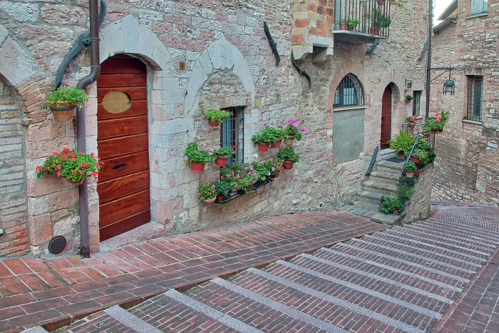 Framed Print : Italy, Umbria, Assisi. Walkway along the streets of Assisi lined with flowering pots Framed Print : Italy, Umbria, Assisi. Walkway along the streets of Assisi lined with flowering pots