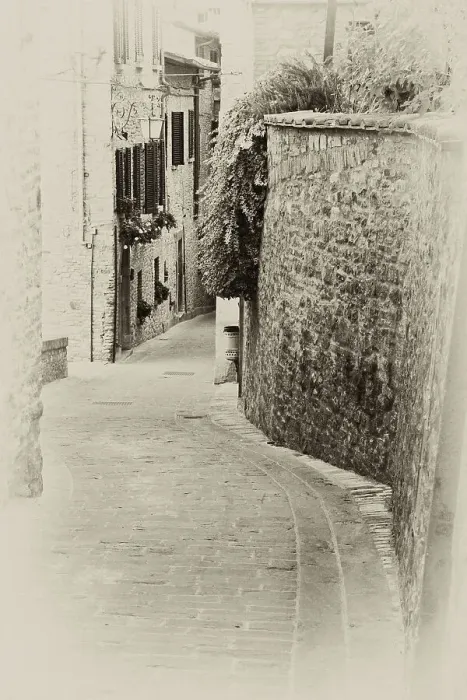 Framed Print : Italy, Umbria. Vintage look of a street in the historic town of Montone Framed Print : Italy, Umbria. Vintage look of a street in the historic town of Montone