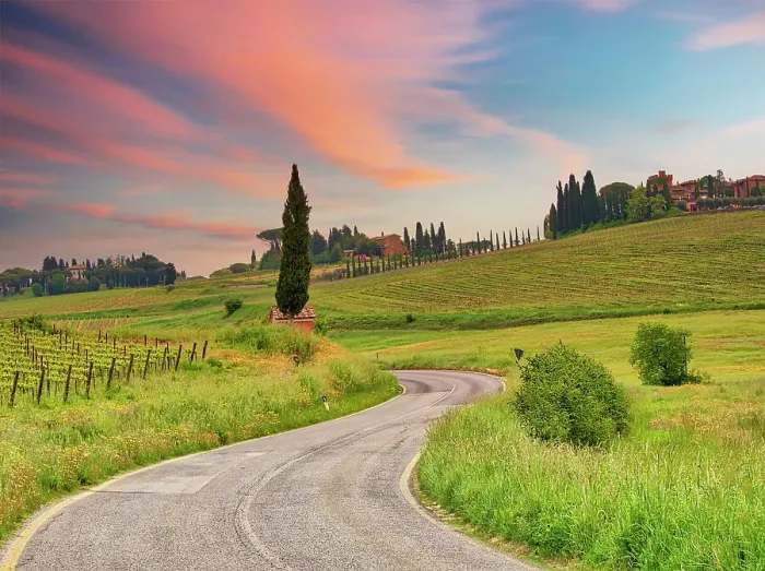 Framed Print : Italy, Umbria. Winding road through Field