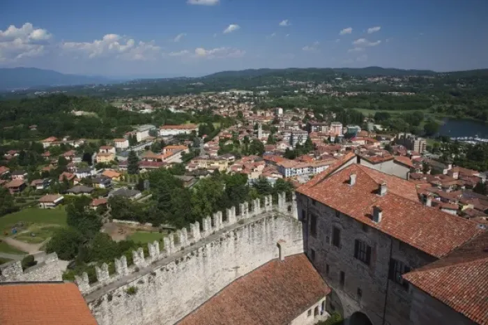 Framed Print : Italy, Varese Province, Angera. La Rocca fortress and town overview