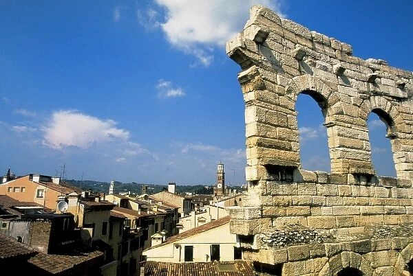 Italy, Veneto, Verona. Roman arena detail and town view