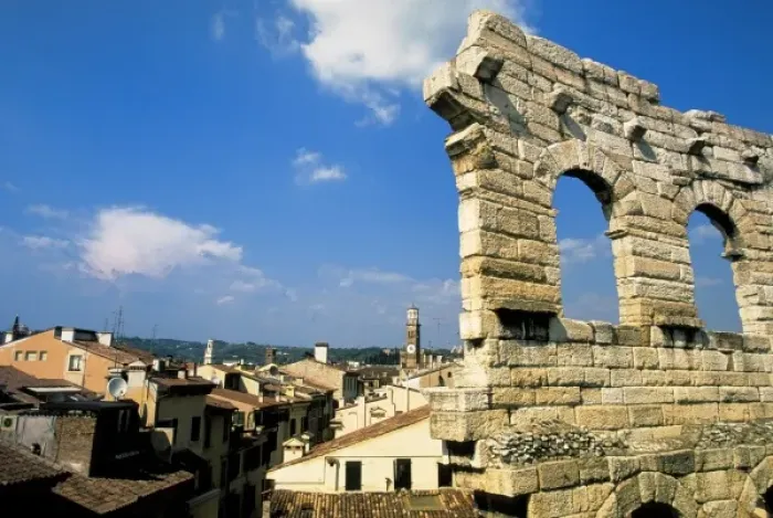 Framed Print : Italy, Veneto, Verona. Roman arena detail and town view