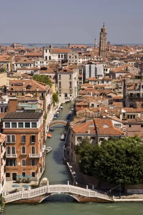 Framed Print : Italy, Venice. Aerial view looking down a Venice canal
