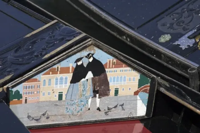 Framed Print : Italy, Venice. Detail of art inside gondola
