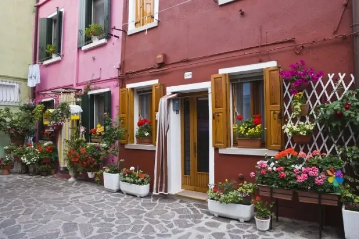 Framed Print : Italy, Venice, Burano. Multi-colored houses with flowers outside Framed Print : Italy, Venice, Burano. Multi-colored houses with flowers outside