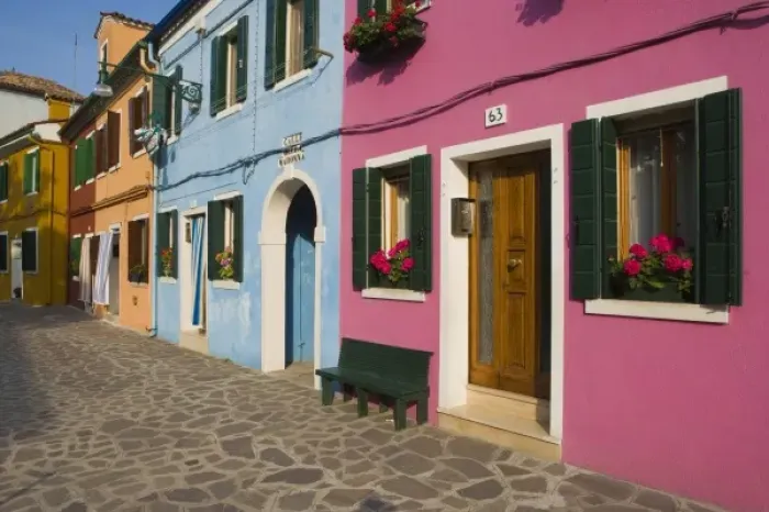 Framed Print : Italy, Venice, Burano. Multicolored houses