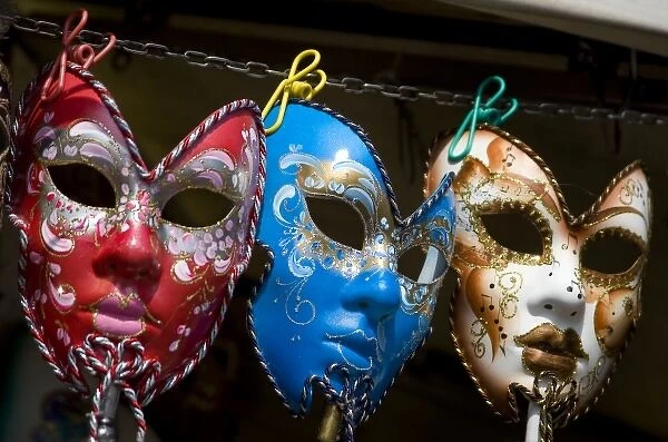 Italy, Venice. Display of colorful Venetian carnival masks