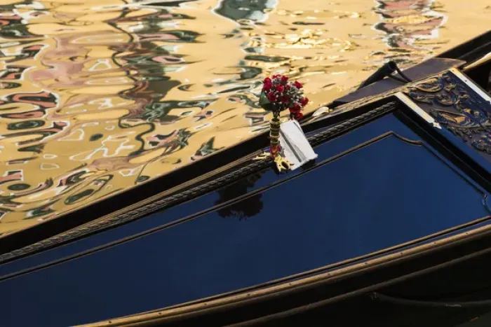 Framed Print : Italy, Venice. A gondola detail and colorful water reflections Framed Print : Italy, Venice. A gondola detail and colorful water reflections